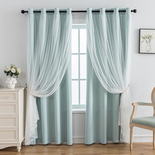 Image of Anytime Home Curtains Blackout and Sheer Layered Solid Window Curtain Panel Pair with Grommet Top, 52Wx63L,Light Blue