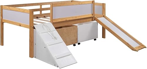 Miniatura 5 de TMEOSK Cama alta individual baja con 2 cajas de almacenamiento y tobogán cama loft de madera multifuncional con pizarra y escalera de escalada para