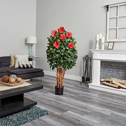 Nearly Natural 5’ Hibiscus Artificial Silk Trees, Red/Green #TOP2