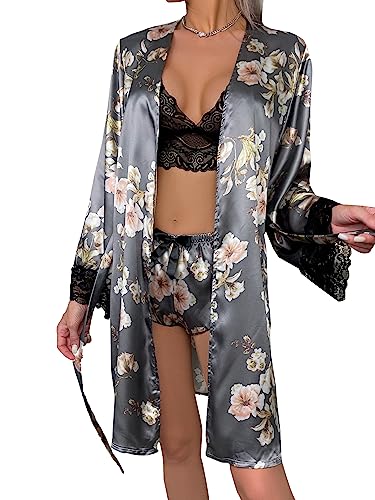 Umenlele Women's 3Pcs Pajamas Set Sleepwear Satin Floral Print Robe Lace Trim Cami Lingerie Loungewear Pjs Set Gray Small #TOP27