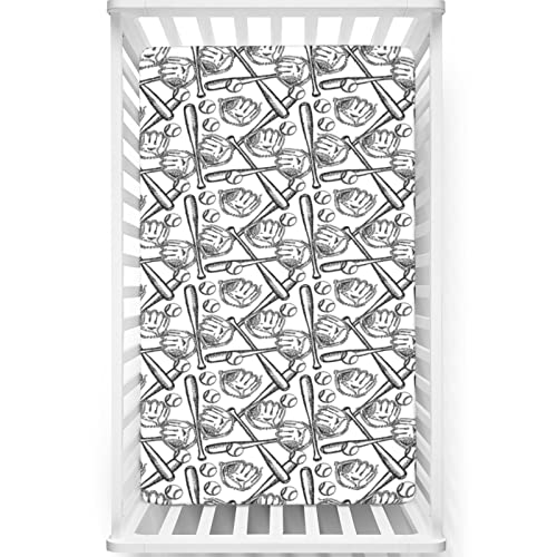 Image of Baseball Themed Fitted Mini Crib Sheets,Portable Mini Crib Sheets Toddler Bed Mattress Sheets-Great for Boy or Girl Room or Nursery, 24“ x38“,White Black