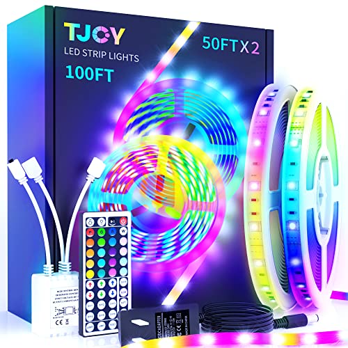 TJOY 100 ft LED Strip Lights with 44 Key Remote, Multi-Color RGB SMD5050 LED Lights, 12 Volt Color Changing LED Light Strip for Bedroom,Room,TV,DIY Decor(44 Key Remote Control +50 ft x2+Indoor only) TJOY 100 ft LED Strip Lights with 44 Key Remote, Multi-Color RGB SMD5050 LED Lights, 12 Volt Color Changing LED Light Strip for Bedroom,Room,TV,DIY Decor(44 Key Remote Control +50 ft x2+Indoor only)