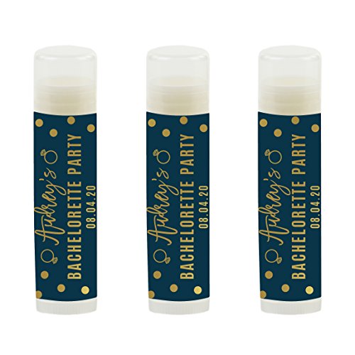 Andaz Press Navy Blue and Metallic Gold Confetti Polka Dots Bachelorette Party Bridal Shower Collection, Personalized Lip Balm Favors, Audrey's Bachelorette Party 12-Pack