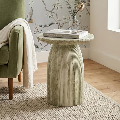 24/7 Shop at Home Ranera Modern 17-inch Natural Stone Side Table with Round Pedestal Base Marble Nightstand Fluted Patio End Table for Living Room Covered Outdoor Spaces Balcony Green Travertine