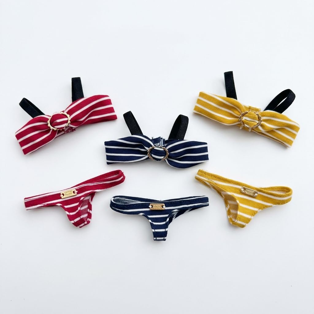 Plush Doll Clothes Bikini Set for 5.9 inches (15 cm) Swimsuit Border Pattern Ribbon with Gold Ring Sewing Clothing Summer Motivational Mascot Costume TGMC-1316 Navy Blue