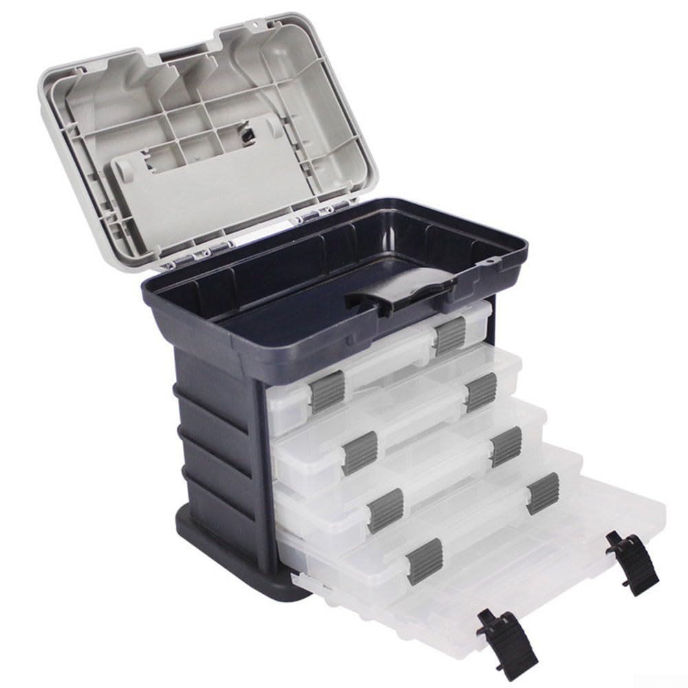 Caja de aparejos de pesca, organizador de almacenamiento portátil de 4 capas con asiento de asa plegable, bloqueo de hebilla gruesa para líneas de carretes de señuelo, caja de engranajes