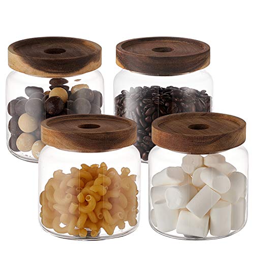 KMwares Juego de 4 tarros apilables de vidrio transparente de 18 onzas con tapas de madera de acacia herméticas para cocina, baño, despensa, servir pasta, dulces, aperitivos, granos de café, alimentos