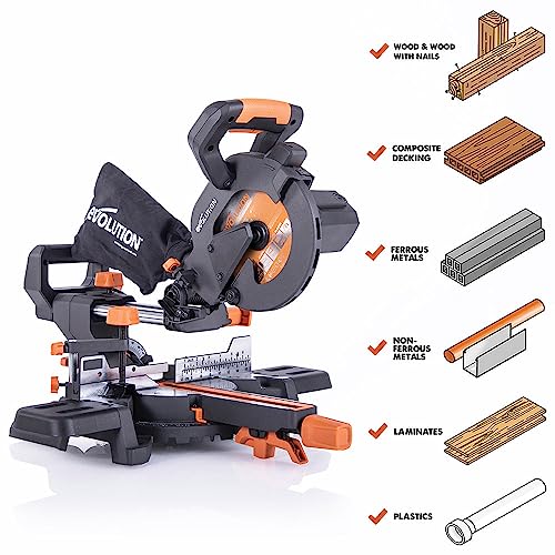 Evolution Power Tools R185SMS+ Sliding Miter Saw with Multi-Material Cutting, 45 Degree Bevel, 50 Degree Miter, 210 mm Slide, Blade Included Cuts Wood Plastic Metal & More, 7-1/4"