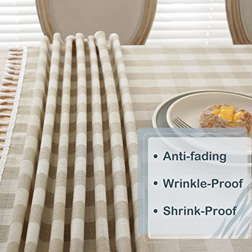 Laolitou Checkered Tablecloth Rectangle Washable Buffalo Plaid Table Cloth With Tassel Cotton Linen Gingham Table Cover For Picnic Kitchen Dining Room, Beige, 70 Inch #TOP3
