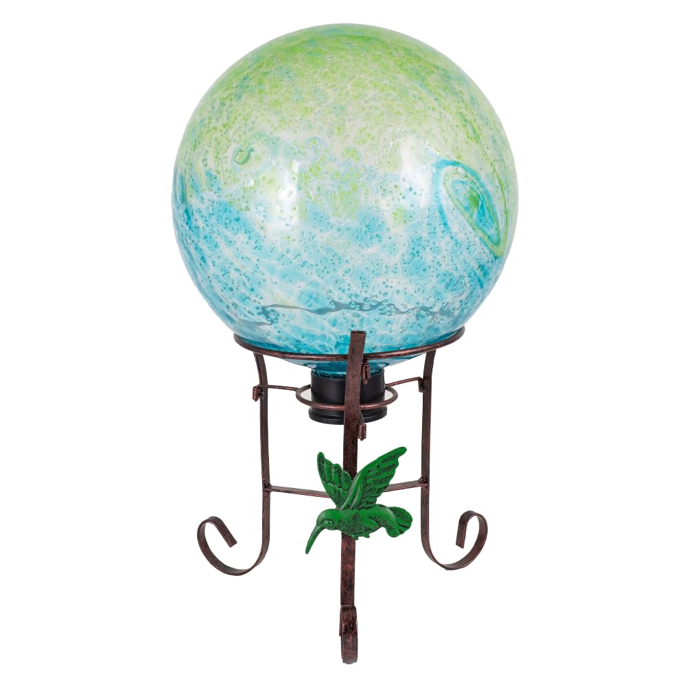 YELENEW 10" Diameter Garden Gazing Balls with 8.5" Hummingbird Metal Stand Indoor Outdoor Glass Globe Sphere Yard Ornament Gazing Balls for Garden,Home,Lawn,Patio,Porch,Gift for Women(Green Blue)