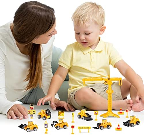 Xinzistar 26pcs Construction Digger Cake Toppers Dump Truck Excavator Tractor Cake Decoration with 10 Road Toy Sign 2 Sheet Construction Vehicle Stickers Car Birthday Cake Decorations for Boy Kids