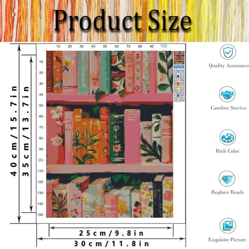 Image of Pink Book Stamped Cross Stitch Kits for Adults - Bookshelf Embroidery Kits for Beginners Adults,11 CT Patterns Dimensions Counted Cross Stitch Kits for Adults Arts Craft 12x16 inch