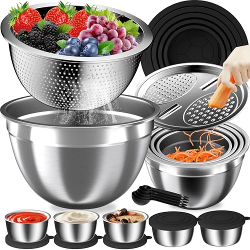 Mixing Bowls with Lids Set, 27Pcs Stainless Steel Nesting Mixing Bowls Set for Kitchen Cooking & Storage, Metal Salad Bowls with Colander, Strainer, Grater & Dressing Containers, Kitchen Gadgets Black by Nicdiet - Used condition - US$27.04