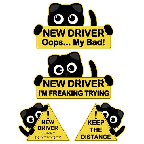 4Pcs Black Cat New Car Driving Magnets, Funny New Driver Magnet for Car Please Be Patient, Safety Warning Signs for Student Driver Moderate Size & Long Service Life