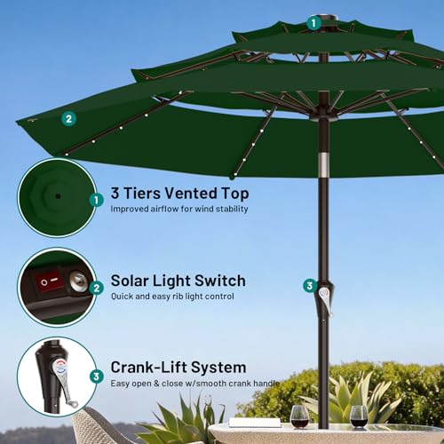 Image of AreShark 9ft 3 Tiers Patio Umbrella with Solar Lights, Outdoor Umbrella w / 32 LED Lights&8 Sturdy Ribs, Table Umbrella for Deck, Backyard, Pool (Dark Green)