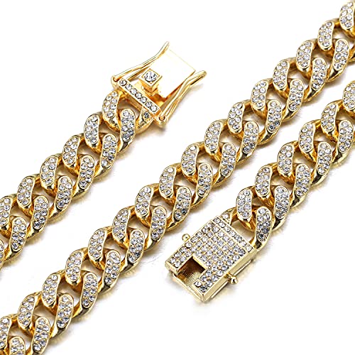 richhut Gold Chain for Men Guys ●Big Dog● 14MM Wide Cuban Link Chain Gold Tone Iced Out 18k Real Gold Plated Necklace Handset Diamonds 16 Gift for Boyfriend Husband