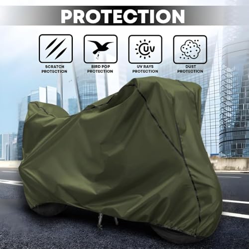 Image of Waterproof Bike Body Cover Compatible with Bajaj Pulsar 150 Dustproof Scratchproof - Motorcycle Cover for Two Wheeler, Outdoor Full Cover with UV, Duty, Rain Protection (Olive with Black)