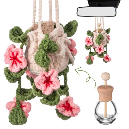 Image of DaisyInner Cute Crochet Plant Car Freshener 12ml Empty Refillable Diffuser Bottle with Plants Hanging Accessories for Ornaments Charms Rearview Mirror Home Office Decor Women Gifts(Cherry Blossoms)