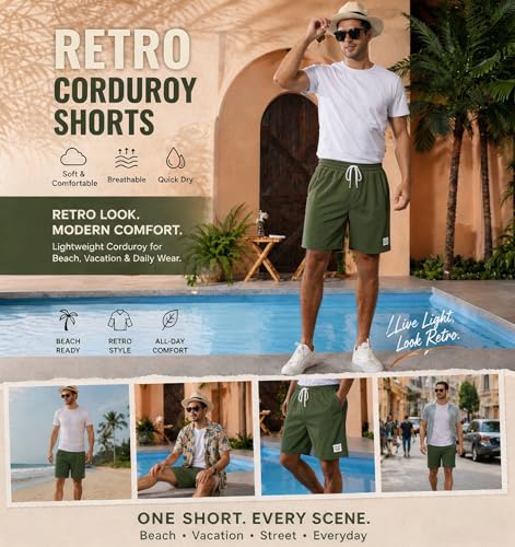 Image of Mens Corduroy Shorts Cotton Blend Lightweight Soft Summer Shorts Elastic Waist Beach Casual Short for Men with Pockets