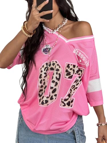 SOLY HUX Womens Y2k Leopard Number Graphic Oversized Tops Football Jersey Shirts Streetwear Pink Graphic Large
