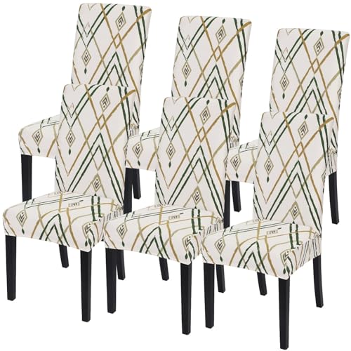 Image of SearchI Dining Room Chair Covers Set of 6, Stretch Printed Kitchen Chair Slipcovers Removable Washable Parsons Chair Covers Protector for Dining Room, Hotel, Ceremony (Beige-Green Stripe)