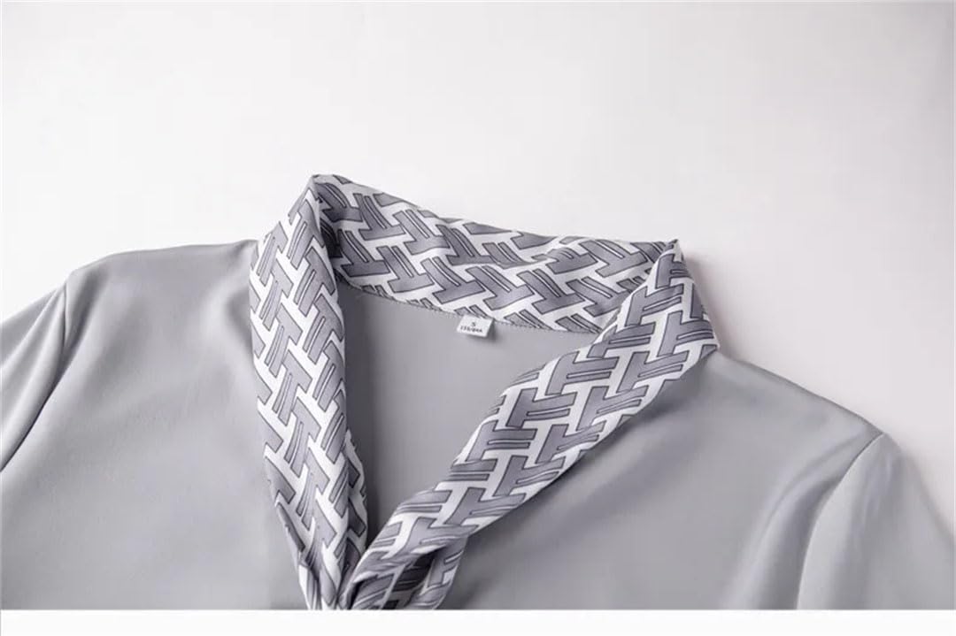 Blusa elegante de satén con estampado de lazo para mujer, para oficina, negocios, cuello en V, manga larga, holgada