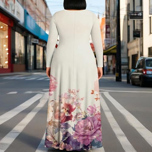 Image of PinkPatty Plus Size Maxi Dress for Curvy Women Crew Neck Long Sleeves Casual Dress Vacation Sundresses with Pockets