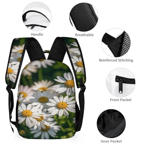 3Pcs Backpack Sets White Daisy Print Travel Daypack 3 in 1 Lightweight Backpack Set with Lunch Bag And Cosmetic Bag3