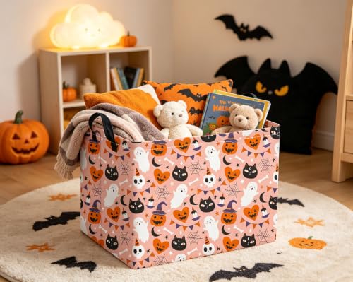 Image of Rectangular Halloween Basket for Boys and Girls Kids Trick or Treat Pumpkin Basket for Halloween Parties Cute Storage Bin Organizer Box Room Decor(Pink Heart Halloween)
