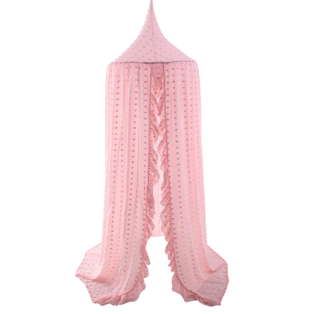 Kids Bed Canopy for Girls, Pink Crib Canopy Princess Hanging Children Canopy Tent, Toddler Girl Canopy Bed Netting for Baby Room Bedroom Reading Nook, Macrame Lace Boho Nursery Canopy with Pom Pom