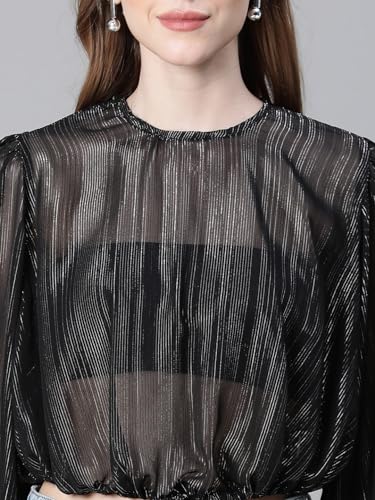 Image of oxolloxo Women Animal Print Round Neck Long Sleeve Elasticated Tie-Up Crop Top