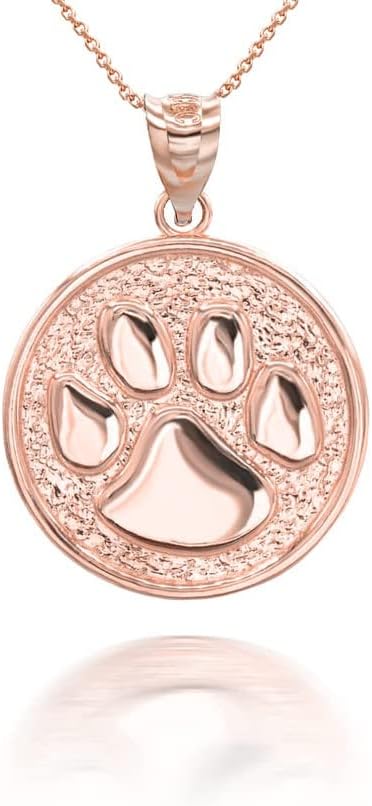 Solid 14K Rose Gold Puppy Dog Cat Pet Paw Print Round Coin Medal Pendant Necklace - Choice of Pendant Only or Necklace Length