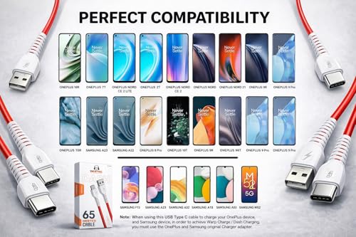 Image of USB Type C Cable 65W 6A Fast Charging & Data Sync, 1.2M Durable PVC Cord for Samsung, OnePlus, Oppo, Vivo, Realme, Mi, Poco, Moto (Red, Pack of 1)