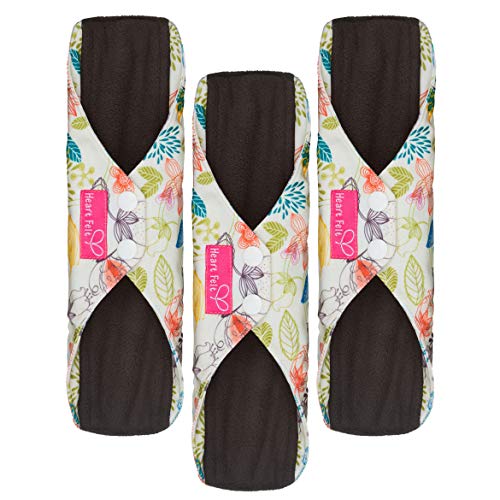 Sanitary Reusable Cloth Menstrual Pads by Heart Felt. XL Cloth - 3 Pack Washable Sanitary Napkins with Charcoal Absorbency Layer - Overnight Long Panty Liners for Comfort and Support