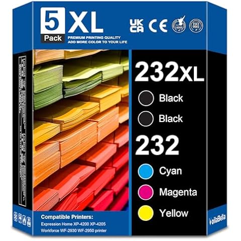 232XL Ink Cartridges Combo Pack (5-Pack, 2Black 1Cyan 1Magenta 1Yellow) Replacement for Epson 232 232XL Ink Cartridges with XP-4200 XP-4205 Workforce WF-2930 WF-2950 Printer Cover