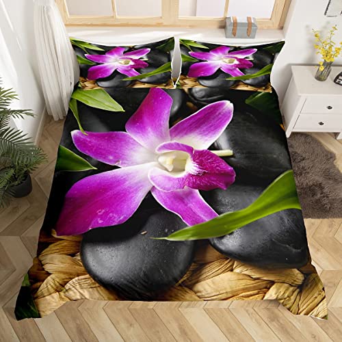 Zen Steine Bettbezug Set Lila Phalaenopsis Bettwäsche Set 135x200cm für Kinder Jungen Mädchen Jugendliche Dekor Meditation Betten Set Ruhige Natur Kunstwerk Natur Thema 2St Reißverschluss Cover