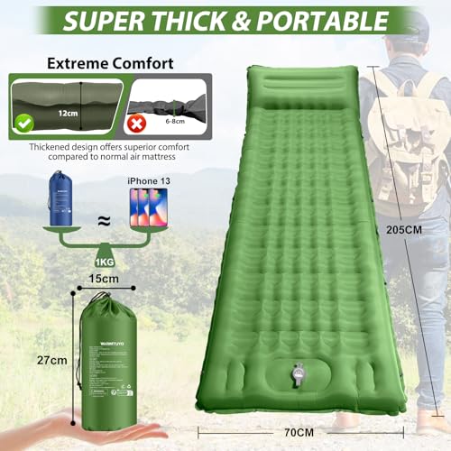 Isomatte Camping Selbstaufblasend, 12CM Verdicktes Aufblasbare Matratze Kleines Packmaß, Wasserdicht Luftmatratze Outdoor mit Fußpressepumpe und Kissen, Anti-Ripstop Schlafmatte für Wandern und Strand – Bild 3