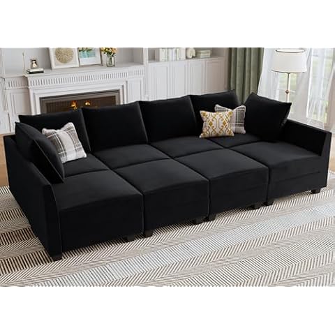 HONBAY Modular Sectional Sleeper Sofa Velvet Sectional Sleeper Couch with Storage Seats Oversized Sectional for Living Room,Black Cover