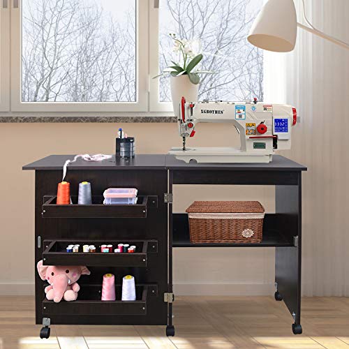 Usinso Folding Sewing Table Multifunctional Sewing Machine Cart Table Sewing Craft Cabinet Table With Storage Shelves Portable Rolling Sewing Desk Computer Desk With Lockable Casters(Brown) #TOP1