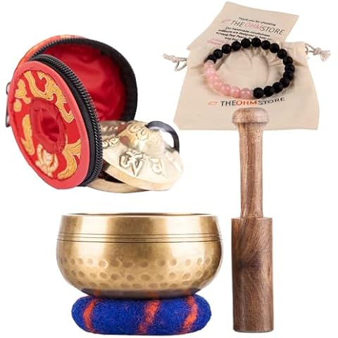 Ohm Store Meditation Bundle — Tibetan Sound Bowl, Tingsha Bells, and Rose Quartz Lava Stone Mala Bracelet — Yoga, Chakra Balancing, and Mindfulness Cover