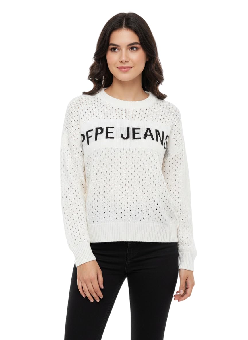 Pepe Jeans White Textured Knit Sweater, Long Sleeve, Crew Neck, Since 1973-image-26