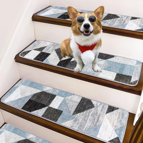 Stair Treads for Wooden Steps Indoor,Soft Non Slip Carpet Stair Treads with Reusable Adhesive for Kids Elders and Dogs(BlueGray,30inX8in,15Pcs) 15PCS Blue Gray 15