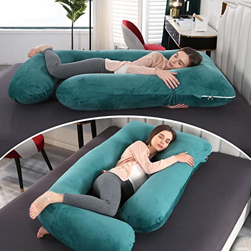 Image of U-Shaped Full Body Pregnancy Pillow for Sleeping - 57 inch Maternity Pillow with Removable Cover, Support for Back, Legs, Belly & Hips (Velvet-Dark Green)
