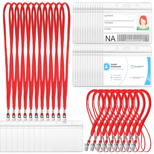 Image of Marspark 50 Sets Clear Name Tags with Lanyard, Lanyards for ID Badges Reusable Strap with ID Holder Plastic Name Badges for Adults Business School Church Conference (Red)