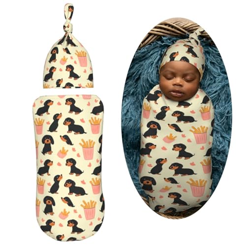 Image of Cartoon Adorable Dachshunds Newborn Swaddle Blankets Hat Sets Soft Baby Receiving Blanket Swaddle Sack for Baby Shower Infant Boy Girl Gift