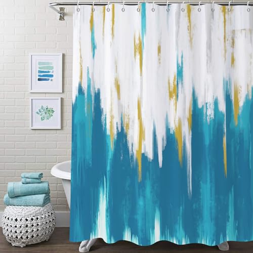 Caheansi Teal Blue Shower Curtain, Teal White Gold Brush Strokes Graffiti Oil Painting Modern Art Abstract Bathroom Curtain Waterproof Fabric Machine Washable with Hooks, 65" Wx72 L