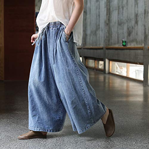 Extra Wide Leg Denim Pants for Women Long Jeans Elastic Waist with Pockets Plus Size Loose Casual3
