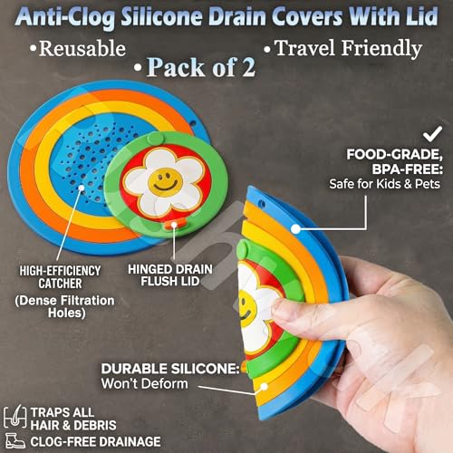 Image of Rushwak 2-in-1 Silicone Drain Cover (Pack of 2) Anti-Clog Bathroom Drain Cover with Lid for Drainage Stopper & Filter Reusable Debris & Hair Catcher Drainage Cover Insect /Odor-Blocking Sink Strainer
