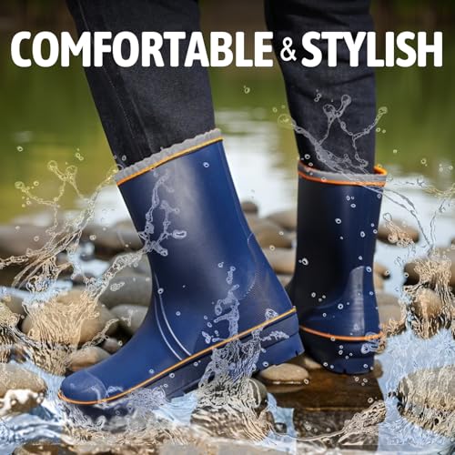 Image of mens rain boots waterproof work boots for men mid-calf deck bootie comfortable garden shoes lightweight chelsea bootie for Gardening Fishing Boating Camping Sailing yellow&blue
