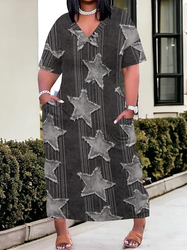 Image of SUZONANA Plus Size Denim Print Maxi Dresses for Women Casual V Neck Short Sleeve with Pockets Soft Jean Look Dress XL-6XL